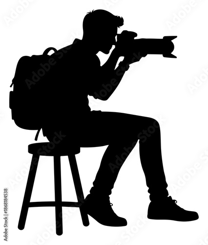 Male Photographer Silhouette Sitting on Stool with Camera and Backpack on Transparent Background
