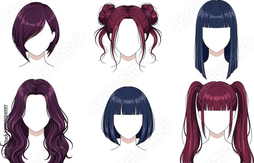 Female hairstyle collection with modern short and long haircuts, bangs and buns isolated on white flat vector illustration