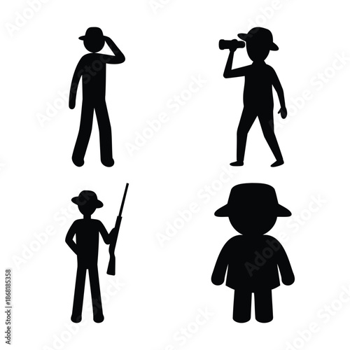A collection of four explorer figures with hats, engaged in various outdoor activities