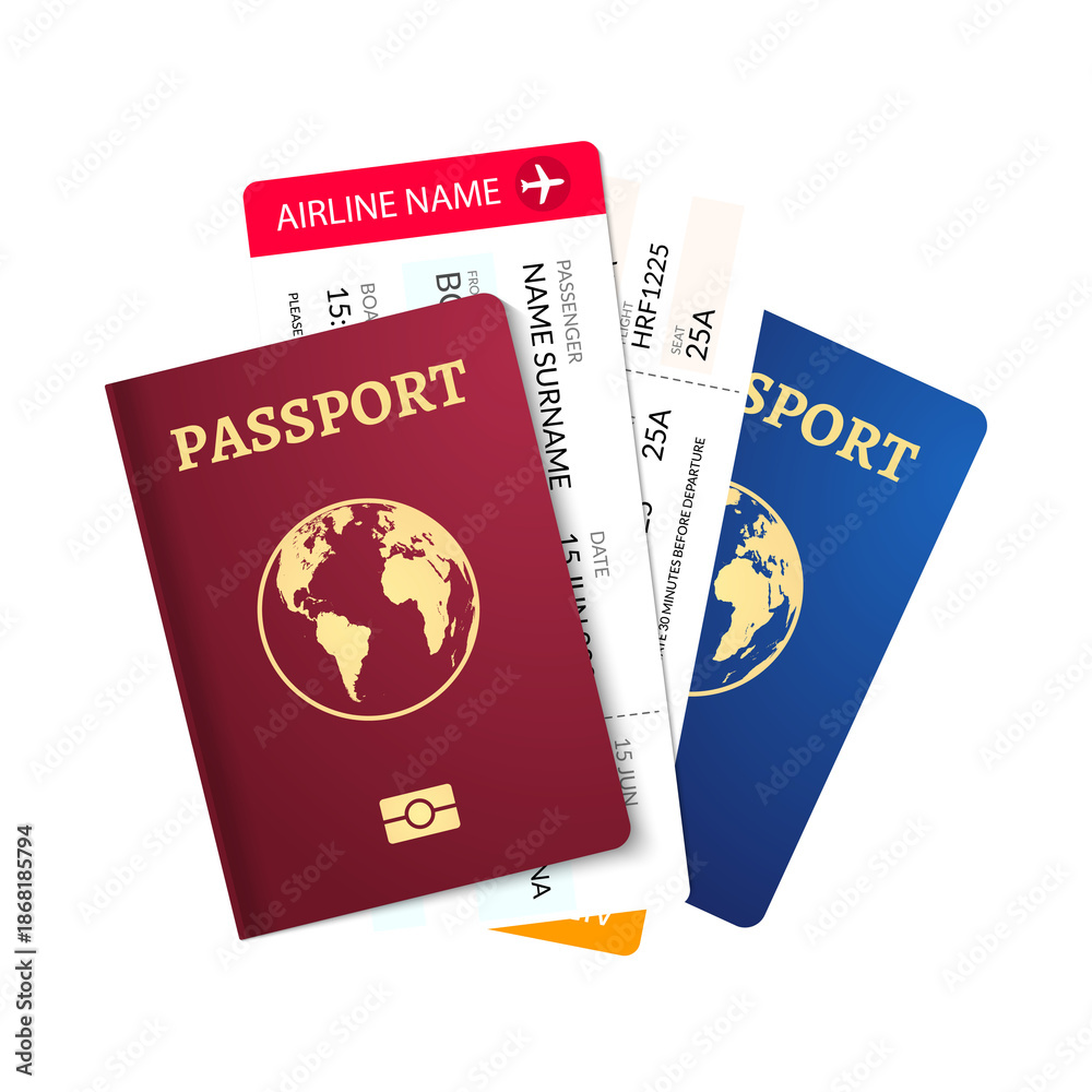 Fototapeta premium Passports and airline boarding passes for international flight travel planning, ready for vacation and adventure, isolated on transparent background