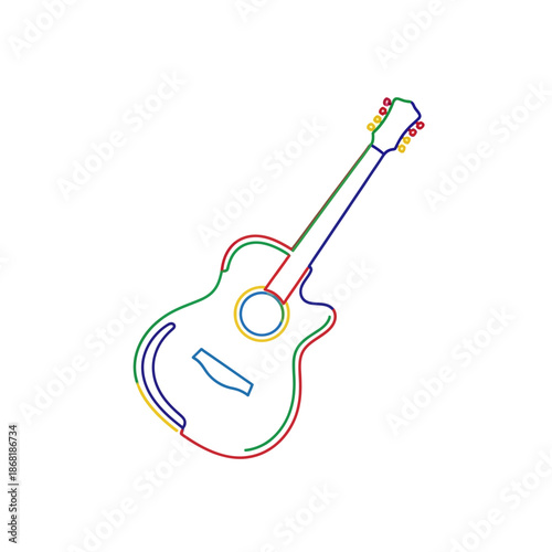 Colorful outline of an acoustic guitar on a white background, music concept