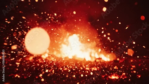 Fiery explosion with sparks and glowing particles against black background