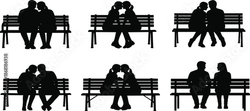 Couples sitting on benches, romantic silhouettes, love poses, emotional connection, intimacy, relationship moments, black figures, artistic style, body language, affectionCouples sitting on benches