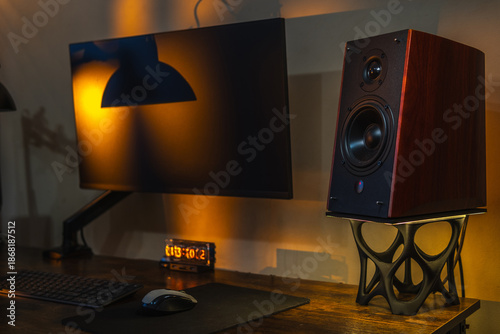 Desk with monitor and sound system