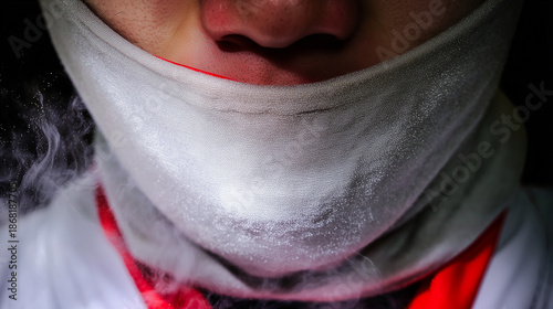 Mysterious Figure Shrouded in White Fabric Exudes an Aura of Intrigue in an Atmospheric, Smoky Environment