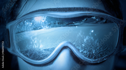 Glimmer of Adventure in Icy Wilderness Captured Through Reflective Ski Goggles at Dusk