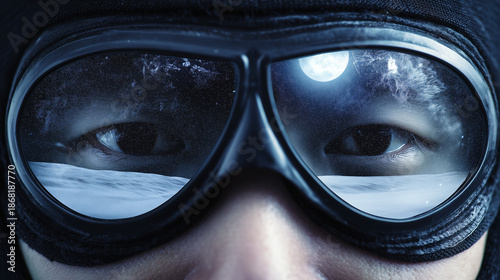 Exploring the Frozen Landscape: a Close-Up of an Adventurer's Eyes Reflecting the Moonlit Snowy Terrain