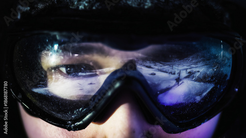 Chilling Gaze Captures Winter Wonderland Through Frosted Goggles in a Tranquil Snowy Landscape