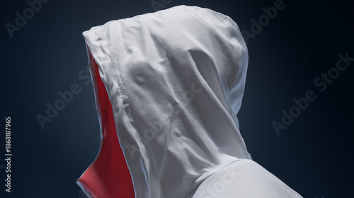 Mysterious Figure Shrouded in a Graceful White Hood, Revealing Only a Splash of Vibrant Red Against a Dark Backdrop