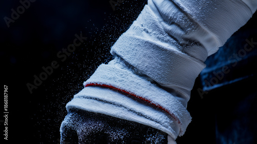 Fist Wrapped in Tape Exuding Determination Amidst a Misty Shadowy Setting