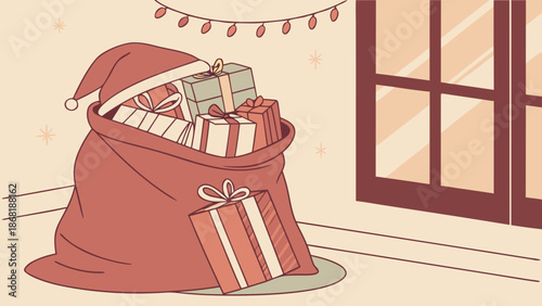 A red Christmas stocking filled with gifts sits on the floor beside a window with a festive holiday atmosphere and warm lighting.