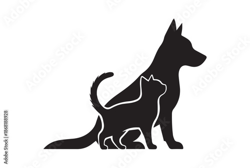 Dog and cat black profile silhouette. Pets sit together, side view isolated on white background. Design for veterinary clinic, shop, animal business. Vector.