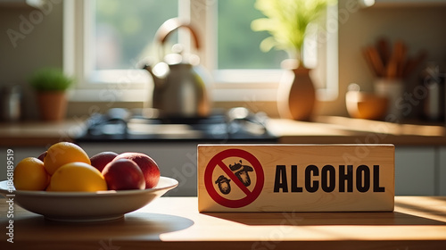 Modern no alcohol sign on kitchen counter, healthy lifestyle, winter daylight, clean contemporary interior