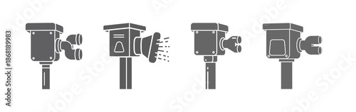 Set of four icons depicting various security camera models and accessories for surveillance and monitoring applications