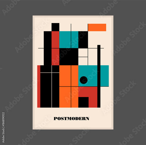Poster inspired postmodern of vector abstract dynamic symbols with bold geometric shapes, useful for web background, poster art design, magazine front page, hi-tech print, cover artwork.