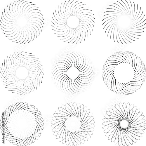 Abstract Spiral Line Circles and Radial Geometric Swirl Shapes Set