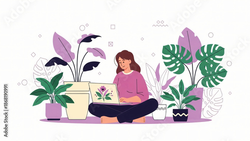 Woman working on laptop surrounded by potted plants