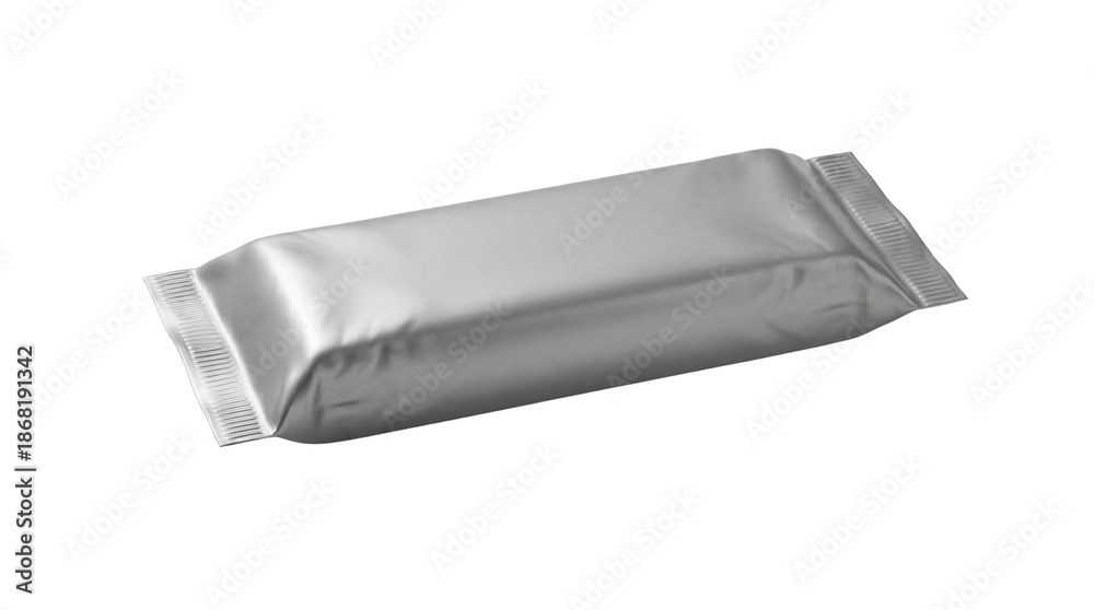 Naklejka premium Silver Aluminum Foil Snack Bar Packaging Mockup Product Shot
