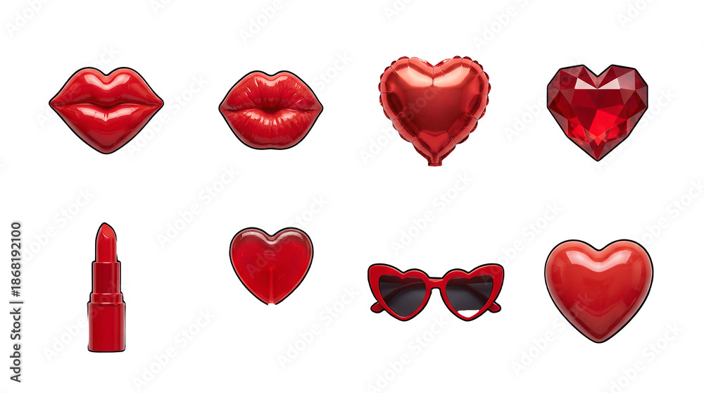 Fototapeta premium Red valentine and beauty set including lips, balloon, crystal heart, lipstick, lollipop, and sunglasses isolated. Romantic fashion and holiday design collection.