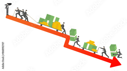 Business teamwork struggling with downward financial trend and money loss