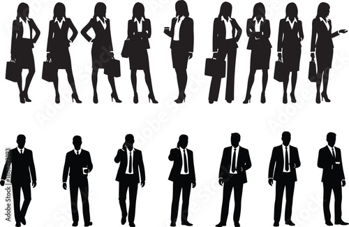 Silhouettes of business people men and women in professional attire, standing poses