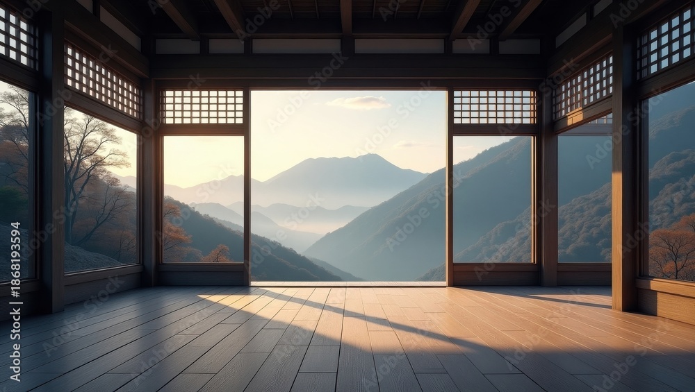 Obraz premium Serene mountain view from traditional pavilion