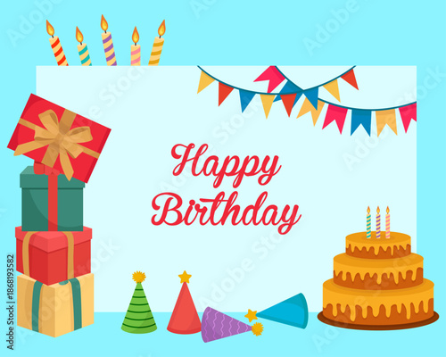 Happy birthday card frame festive elements cake presents decorations colorful candles head cones