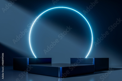 Dark luxury podium with glossy reflections and dramatic studio lighting on a minimalist background, ideal for premium product presentation, branding, and modern design, 3d rendering