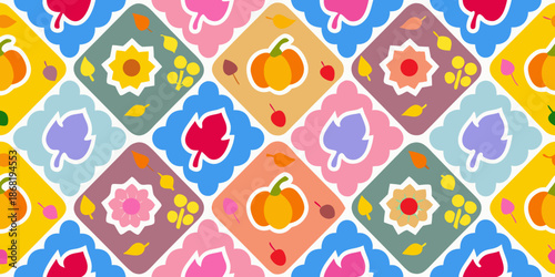 Colorful repeating pattern of fruits flowers and leaves in diamond shapes