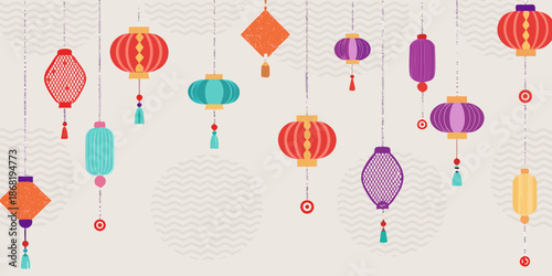 Colorful hanging lanterns create a festive and decorative background pattern