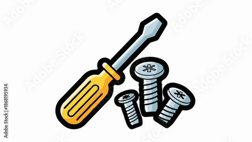 A yellow-handled screwdriver and three screws on a white background