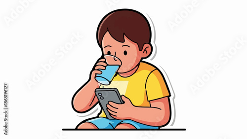 A young child in a yellow shirt sips from a blue glass while holding a grey mobile device