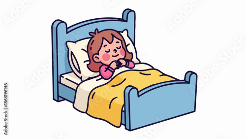 A young child sleeps soundly in a blue bed with yellow covers and a white pillow
