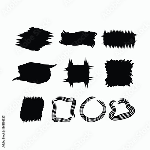 Abstract rough black paint brush frames and textured shape set