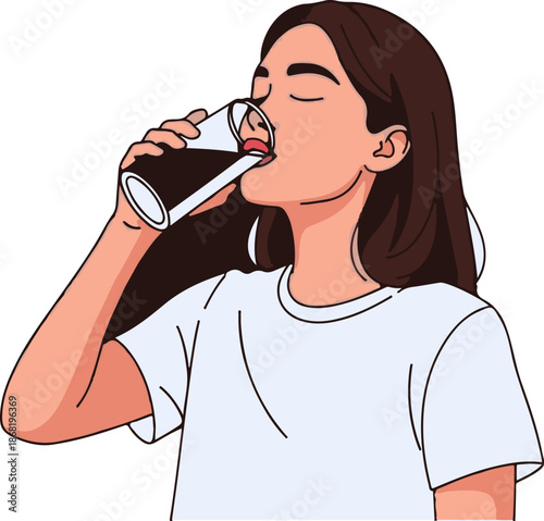 A young woman with brown hair and closed eyes takes a sip of a dark beverage from a glass
