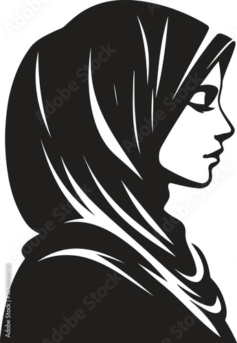 Woman wearing hijab headscarf profile view, black and white vector icon