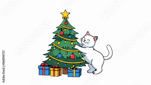 A white cat happily decorates a Christmas tree with presents underneath