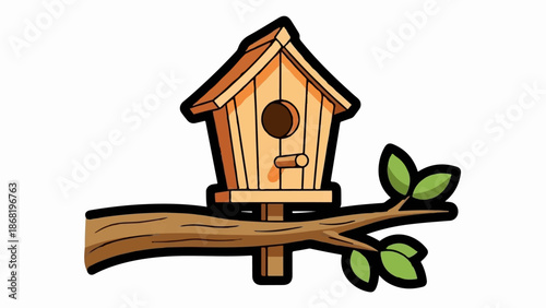 A wooden birdhouse with an entrance hole and perch sits on a tree branch with leaves