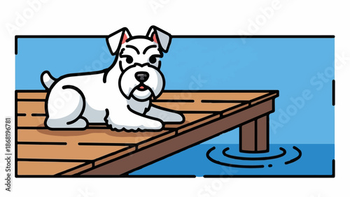 A white dog rests on a wooden pier by the water
