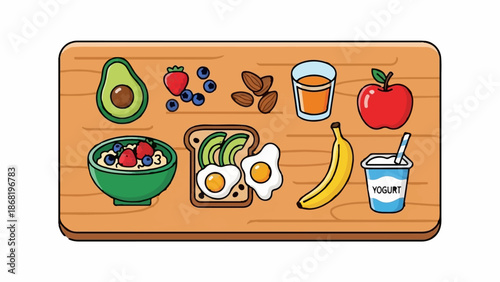 A wooden board displays a variety of healthy breakfast foods oatmeal, fruit, toast, eggs, and yogurt