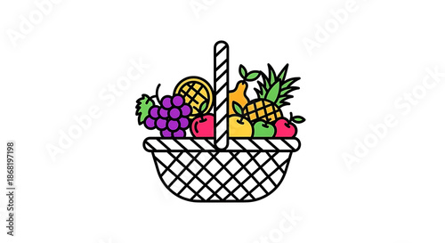 A colorful illustration of a fruit basket filled with various fresh fruits.