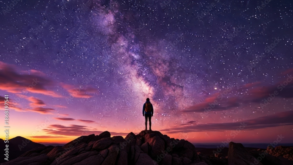 Fototapeta premium Person silhouetted against stunning purple night sky