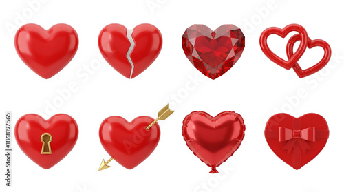 Red heart set including broken, crystal, locked, pierced, balloon, and gift box variants isolated. Valentines day and romance collection.