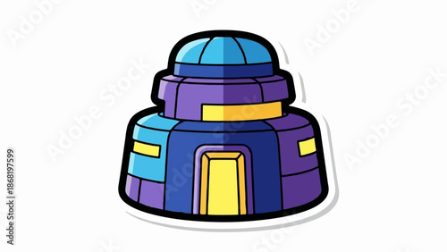 A vibrant, cartoonish building with a dome-like roof and geometric sections