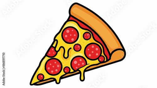 A vibrant, cartoon-style slice of pepperoni pizza with gooey cheese and a crisp crust