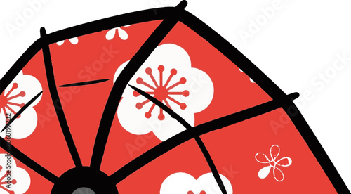 A vibrant red umbrella with white floral patterns, featuring black outlines and spokes