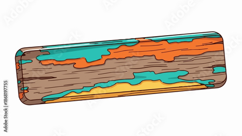 A weathered, oblong wooden plank with vibrant turquoise and orange paint splashes