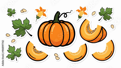 A vibrant illustration of pumpkins, slices, seeds, leaves, and blossoms