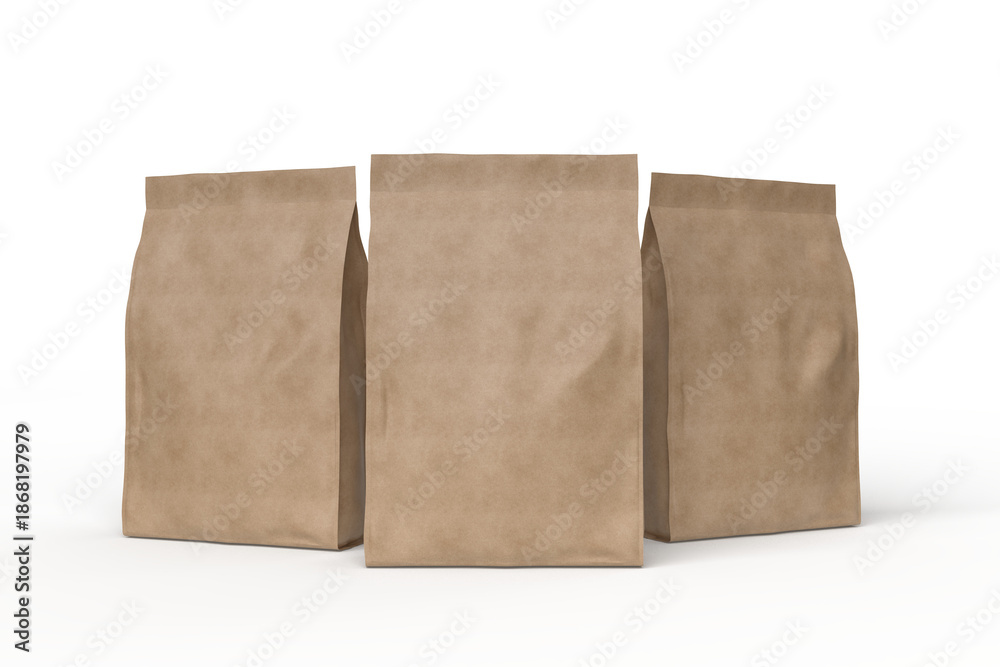 Naklejka premium Blank standing brown paper kraft pouch mockup, realistic flexible packaging isolated on background for product branding, food packaging design presentation snack wrappers, chips, cookies, organic food