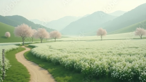 Serene path through blossoming meadow